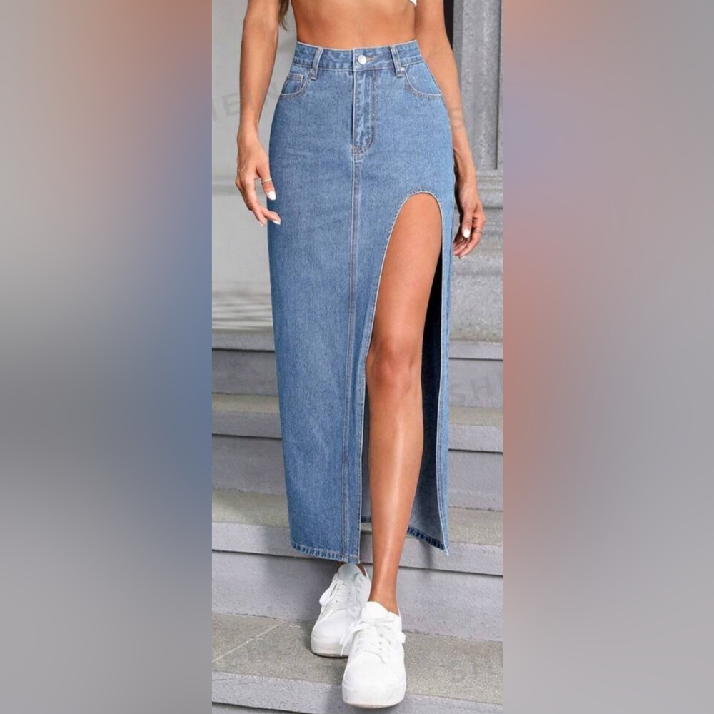 High Waist Split Thigh Denim Skirt